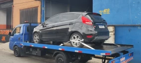 Guincho plataforma azul transportando um carro preto, modelo Ford Fiesta, estacionado em Campinas.